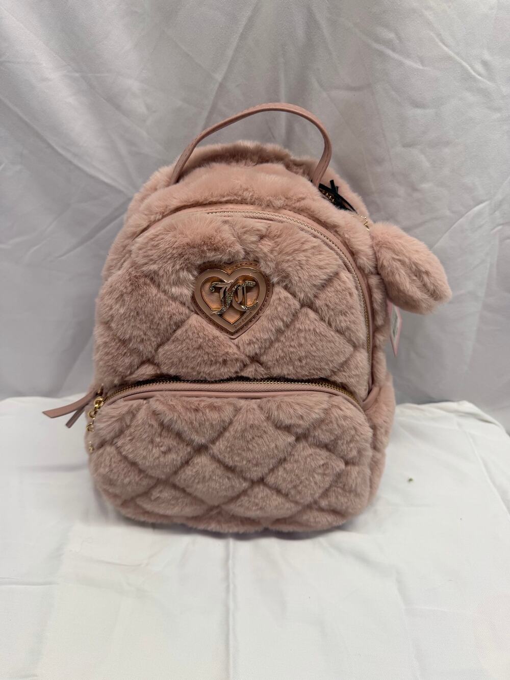 Juicy Couture Pink Plush Quilted Heart Backpack – Faux Fur – Gold Hardware